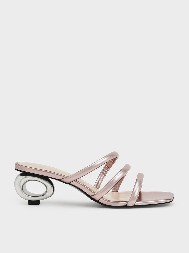 Sculptural Heel Metallic Tubular Mules, Rose Gold, hi-res