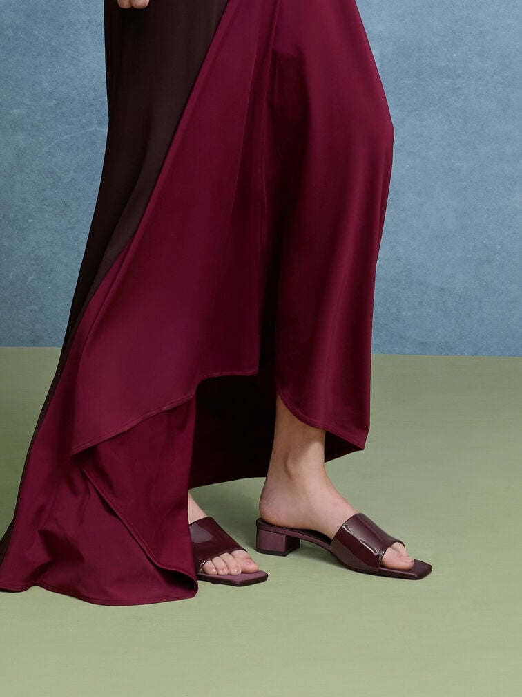 Patent Wide-Strap Heeled Mules, Burgundy, hi-res