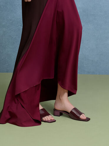 Patent Wide-Strap Heeled Mules, Burgundy, hi-res