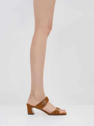 Faux Suede Buckled Double-Strap Heeled Mules, Cognac, hi-res
