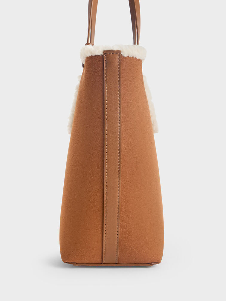 Noelle Faux Suede Fur-Trim Tote Bag, Brown, hi-res