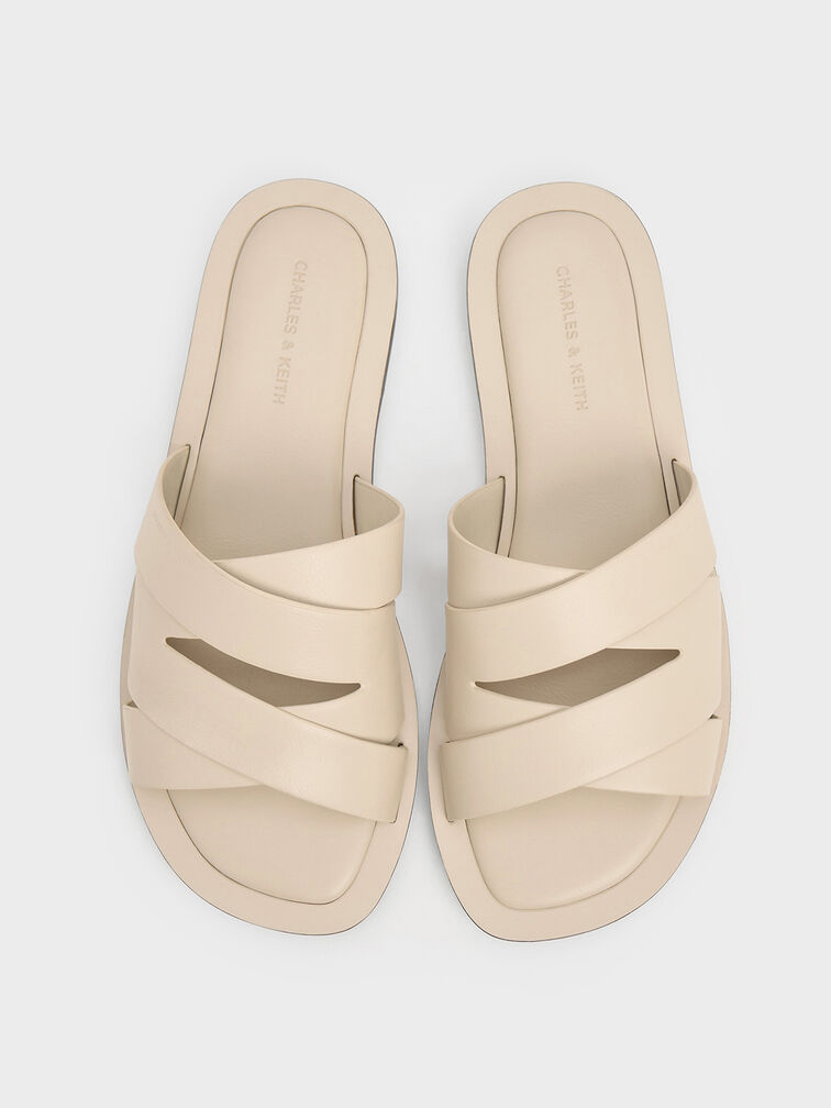 Strappy Crossover Slide Sandals, Beige, hi-res