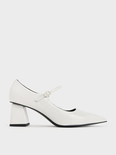 Pointed-Toe Mary Jane Pumps, White, hi-res
