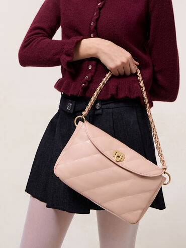 Fawn Panelled Front Flap Chain-Handle Bag, Light Pink, hi-res