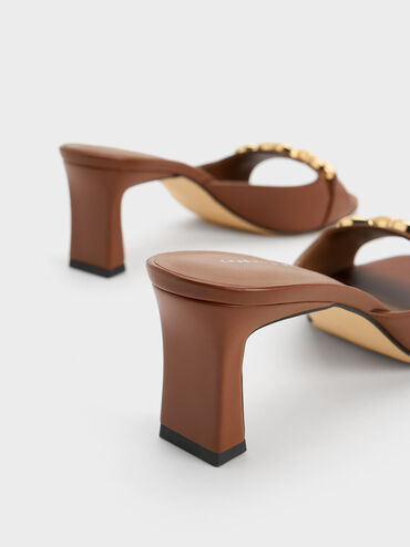 Chunky Chain-Link Heeled Mules, Cognac, hi-res