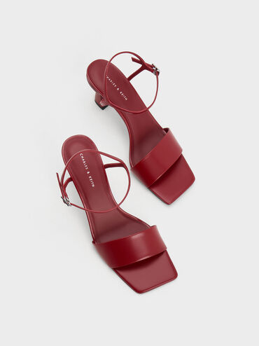 Open Toe Curved Heel Sandals, Red, hi-res