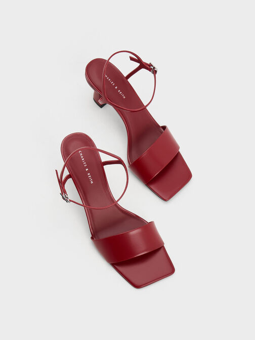 Open Toe Curved Heel Sandals, Red, hi-res