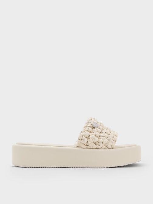 Raffia Woven Flatform Sandals, Chalk, hi-res
