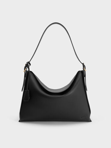 Large Leather Top-Flap Hobo Bag, Black, hi-res