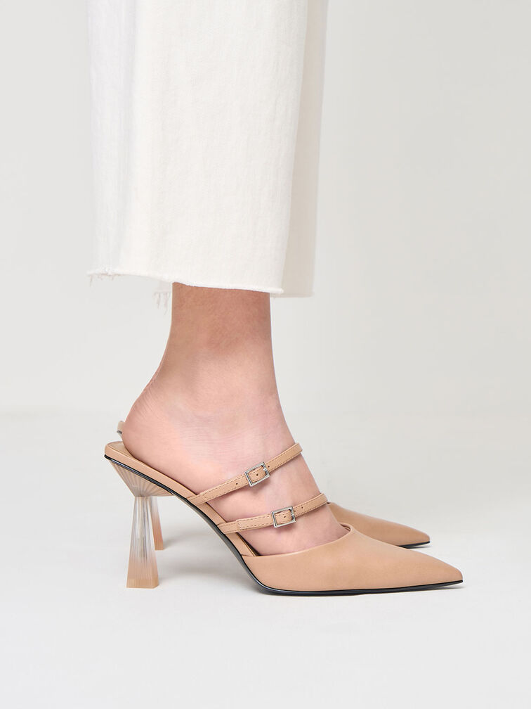 Strappy Slant Heel Mules, Nude, hi-res