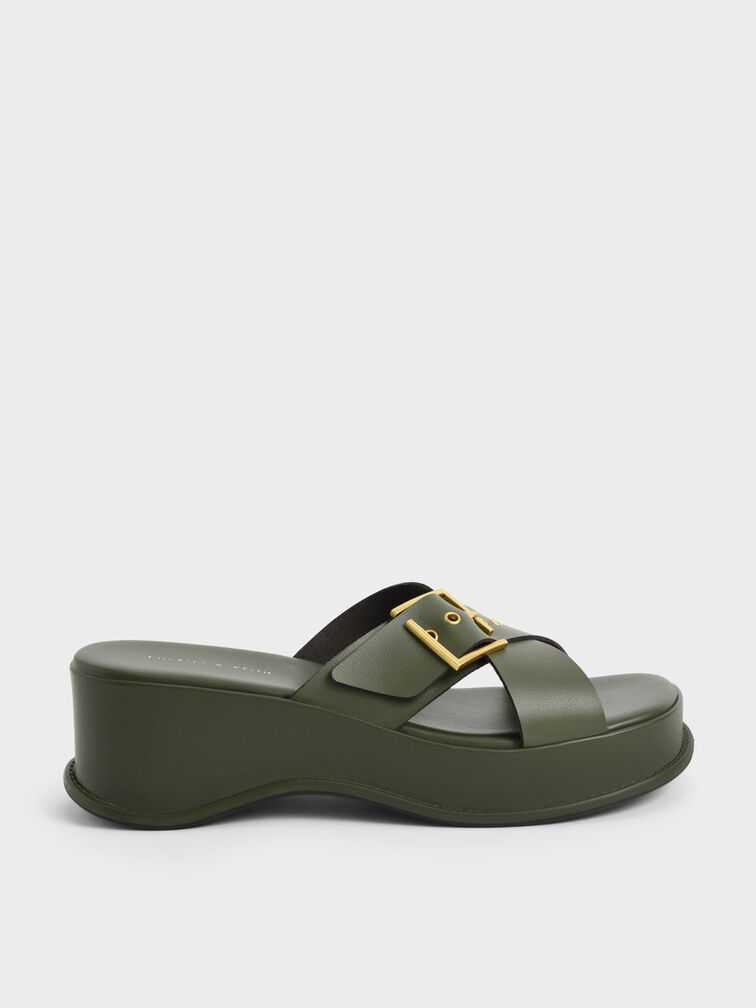 Buckled Crossover Curved Platform Sandals, Olive, hi-res