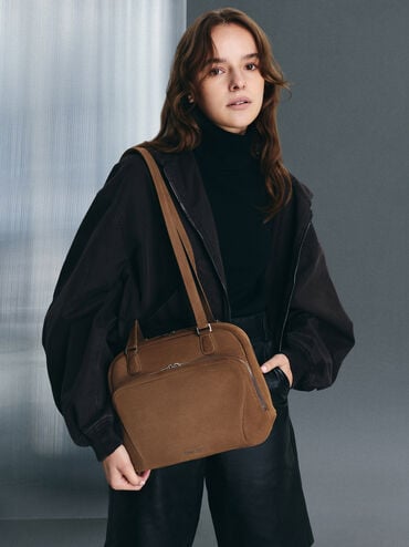 Nelly Recycled Suede Boxy Backpack, Mocha Brown, hi-res