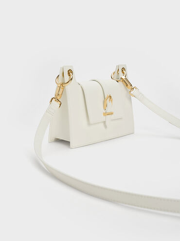 Belted Front Flap Shoulder Bag, White, hi-res