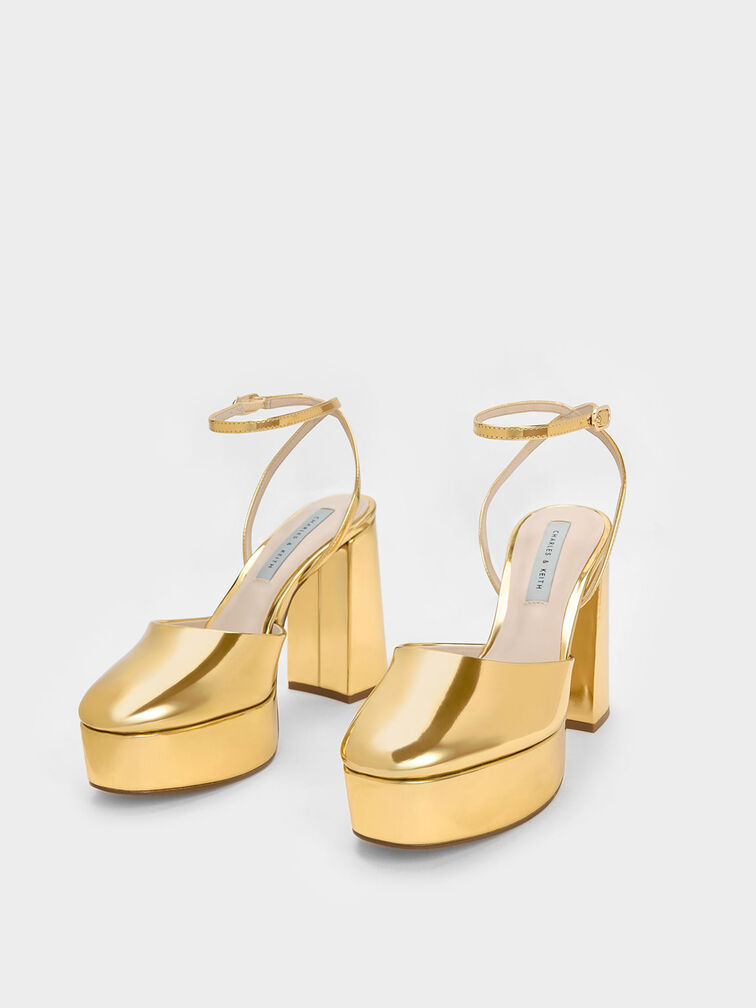 Metallic Platform Ankle-Strap Pumps, Gold, hi-res