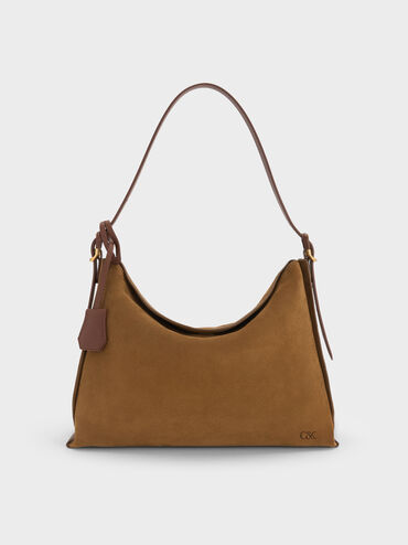 Large Leather & Suede Top-Flap Hobo Bag, Brown, hi-res