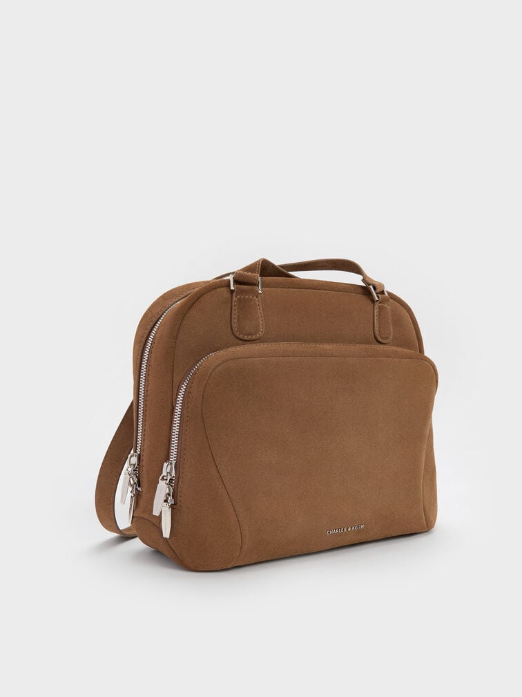 Nelly Recycled Suede Front-Pocket Boxy Backpack, Mocha Brown, hi-res