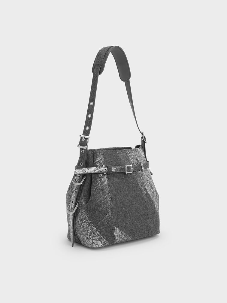 Bryna Brushed Denim Belted Bucket Bag, Silver Brushed Denim, hi-res