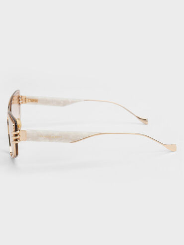 Metallic-Rimmed Geometric Sunglasses, Cream, hi-res
