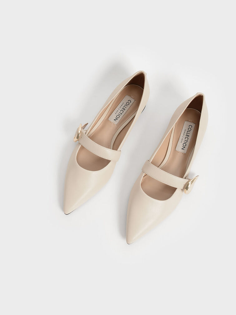 Metallic Buckle Leather Mary Janes, Chalk, hi-res