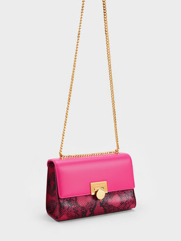 Snake Print Metallic Accent Clutch, Fuchsia, hi-res