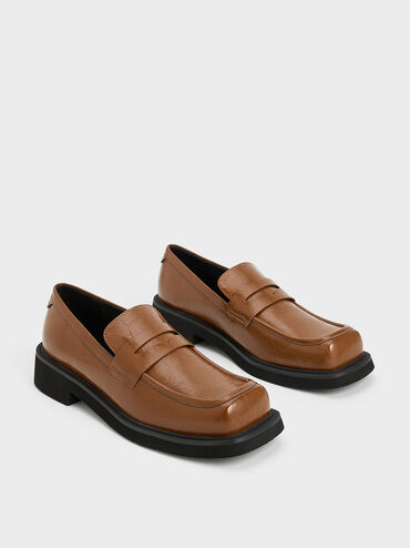 Monique Crinkle-Effect Square-Toe Loafers, Brown, hi-res