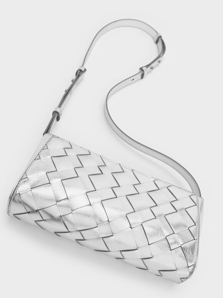 Ivette Metallic Woven Elongated Shoulder Bag, Silver, hi-res