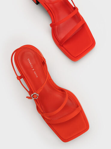 Selene Flower-Buckle Strappy Sandals, Red, hi-res