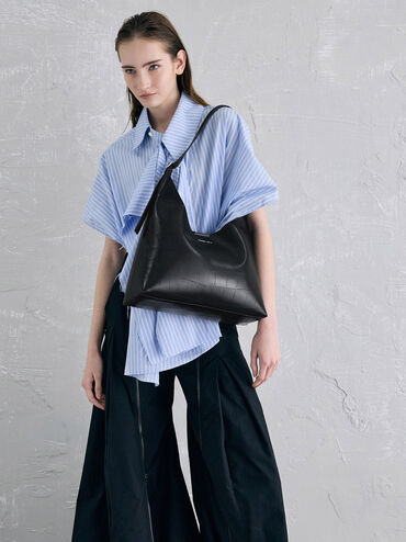 Liv Croc-Effect Hobo Bag, Noir, hi-res