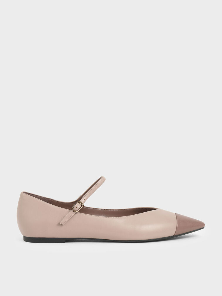 Two-Tone Pointed Toe Mary Jane Flats, Nude, hi-res