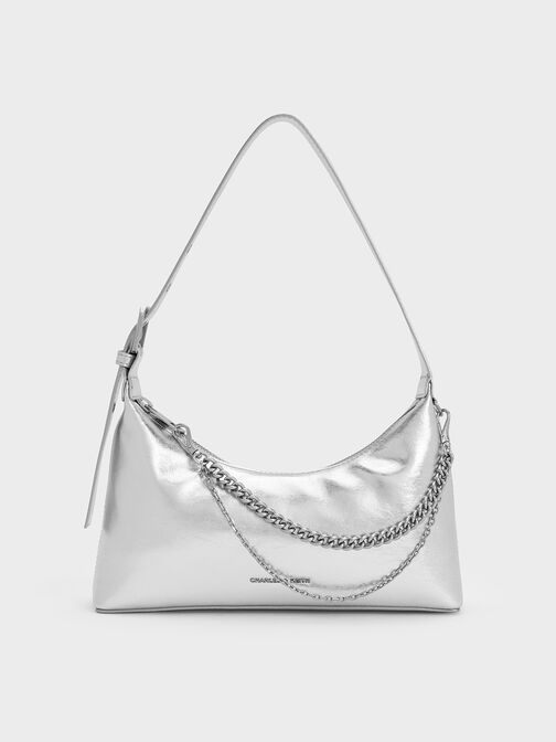 Atwood Crinkle-Effect Chain-Embellished Hobo Bag, Silver, hi-res