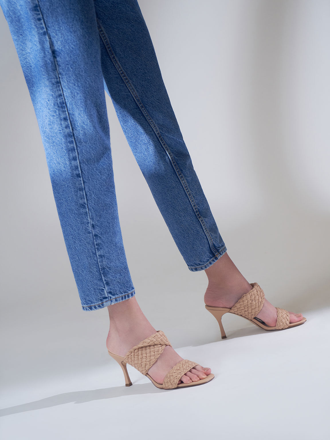 Double Strap Woven Heeled Mules Nude
