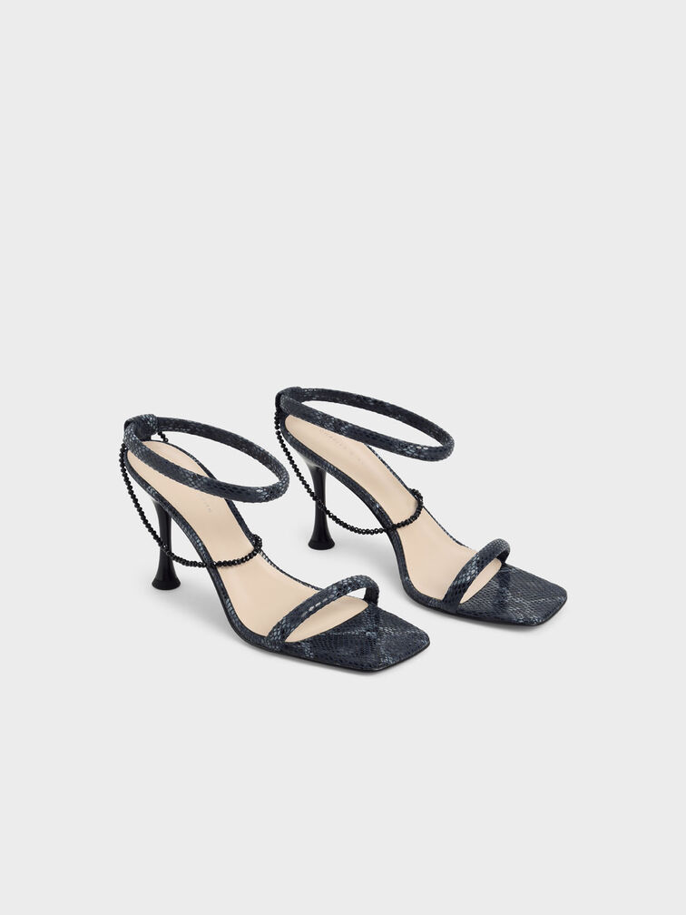 Snake Print Chain Strap Heeled Sandals, Animal Print Blue, hi-res