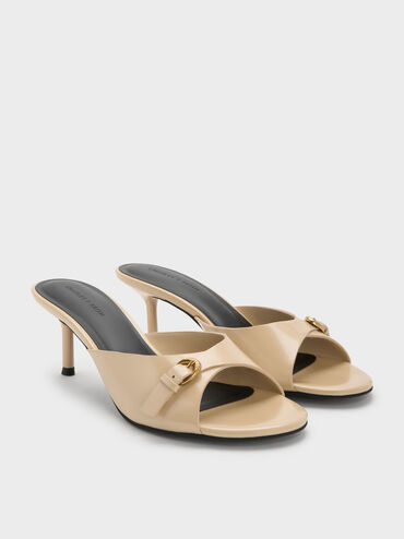 Buckled-Strap Heeled Mules, Beige, hi-res