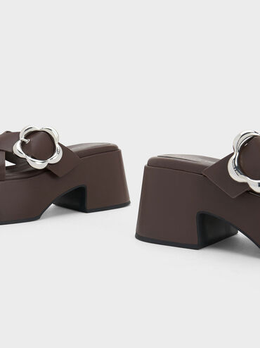 Flower-Buckle Crossover Platform Mules, Dark Brown, hi-res
