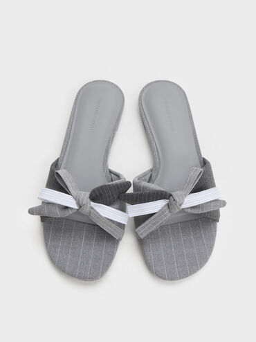 Striped Knot-Bow Slide Sandals, Grey, hi-res