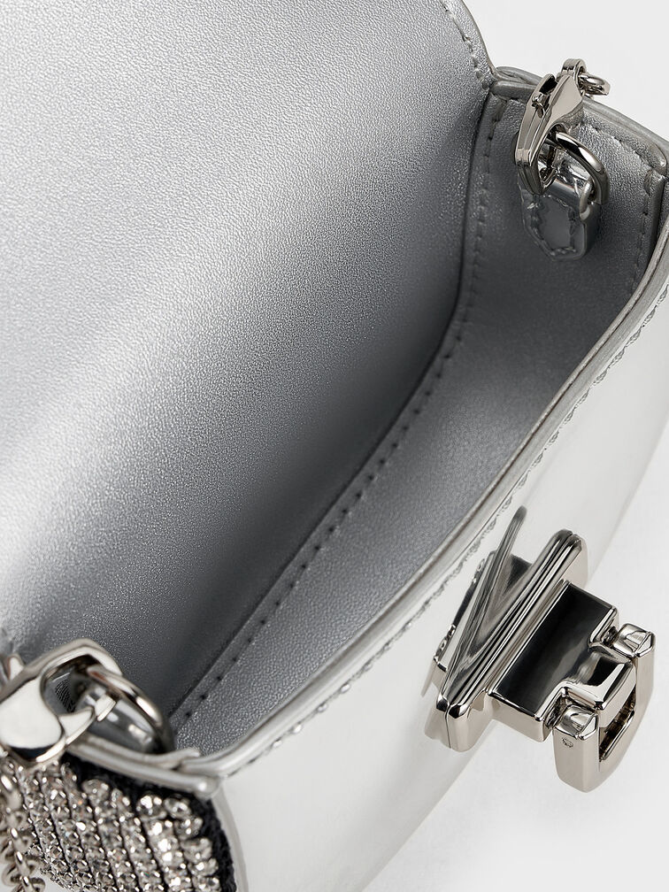 Crystal-Embellished Turn-Lock Mini Bag, Silver, hi-res