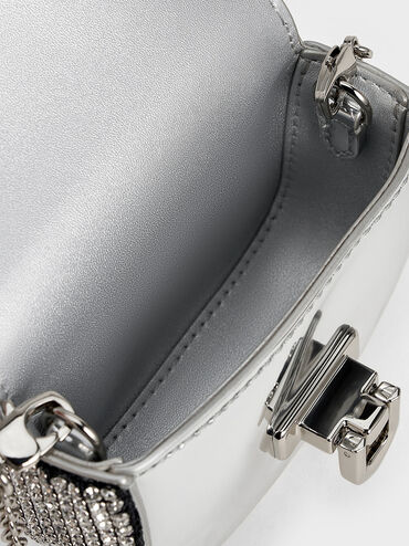 Crystal-Embellished Turn-Lock Mini Bag, Silver, hi-res