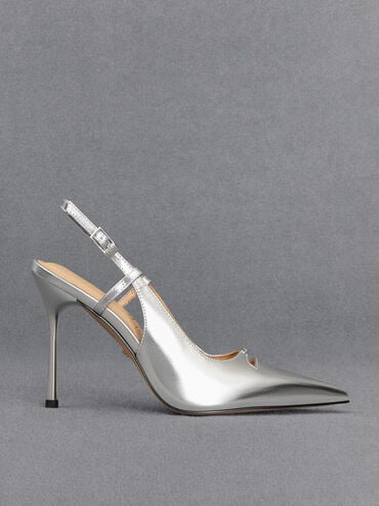 Metallic Leather Pointed-Toe Slingback Pumps, Silver, hi-res
