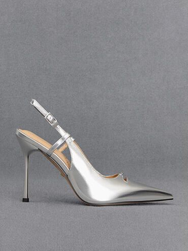 Metallic Leather Pointed-Toe Slingback Pumps, Silver, hi-res