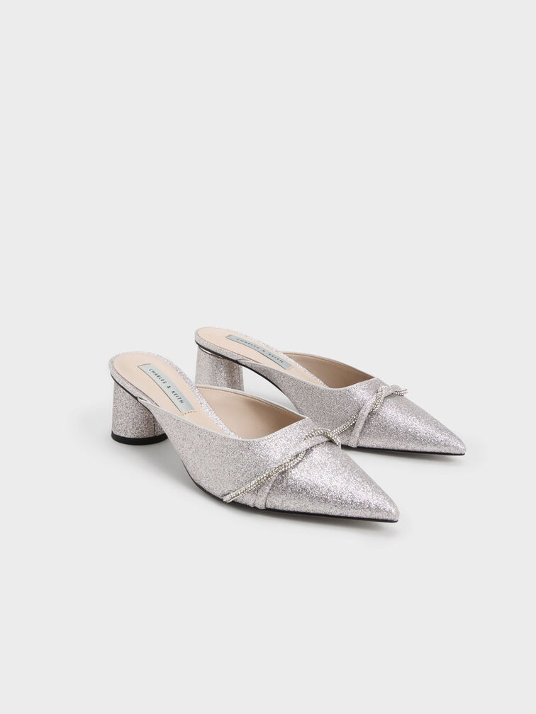 Twist Detail Glittered Mules, Silver, hi-res