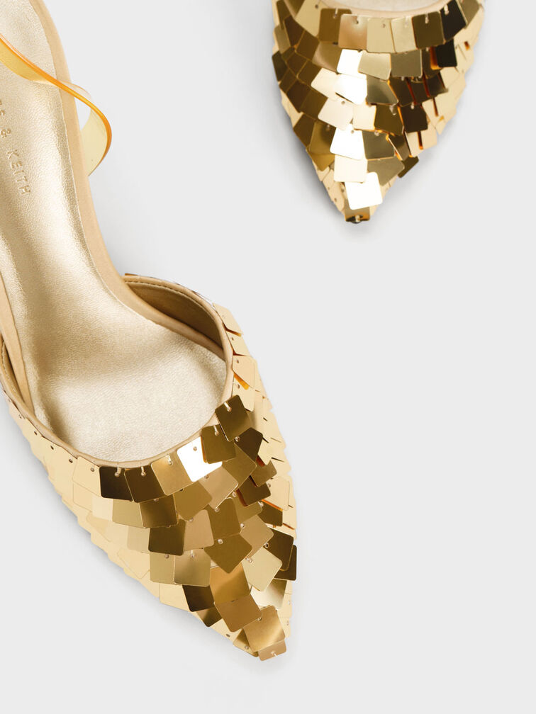 Sequinned Satin Ankle-Strap Pumps, Gold, hi-res
