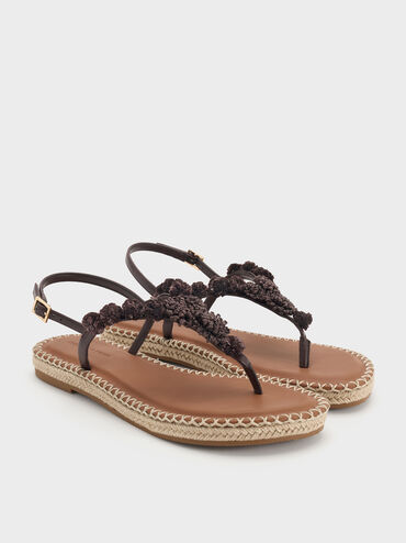 Flower Espadrille Thong Sandals, Dark Brown, hi-res