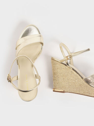 Metallic Asymmetric Strap Platform Wedges, Gold, hi-res