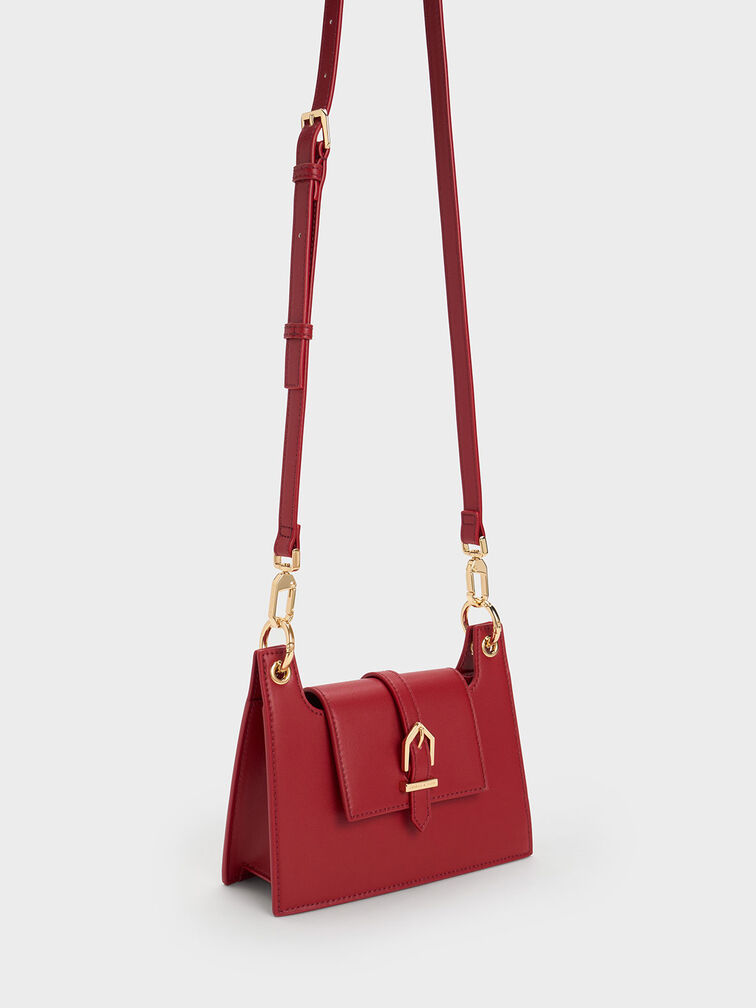 Belted Front Flap Shoulder Bag, Red, hi-res