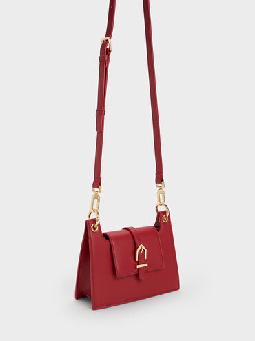 Belted Front Flap Shoulder Bag, Red, hi-res