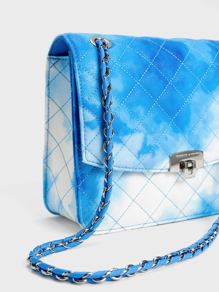 Cloud-Print Quilted Chain Strap Clutch, Multi, hi-res