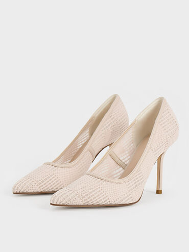 Mesh Woven Pointed-Toe Pumps, Cream, hi-res