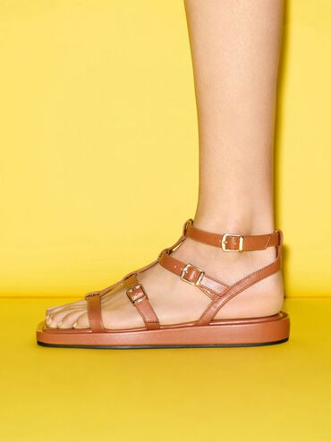 Buckled Gladiator Sandals, Cognac, hi-res