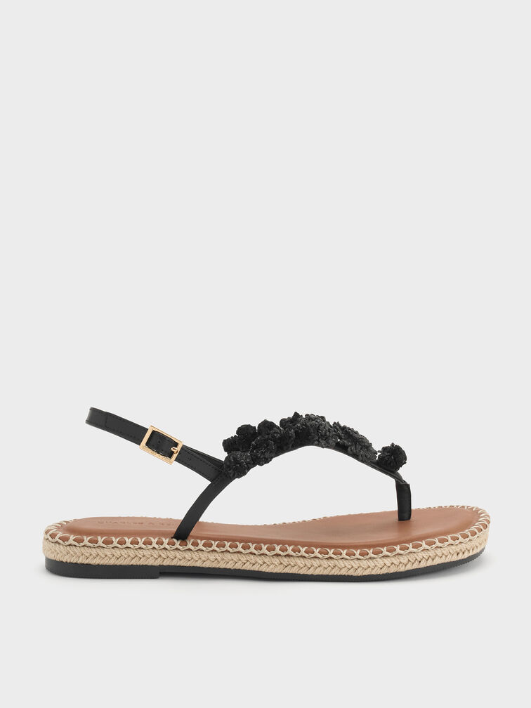 Flower Espadrille Thong Sandals, Black, hi-res