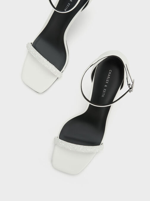 Beaded Strap Heeled Sandals, White, hi-res